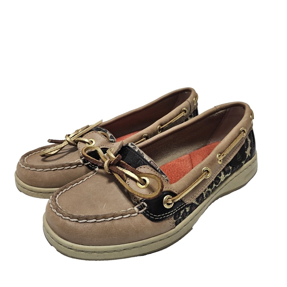 Sperry Leopard Print Glitter Patent Leather Boat Shoes Womens 5.5M Tan Preppy